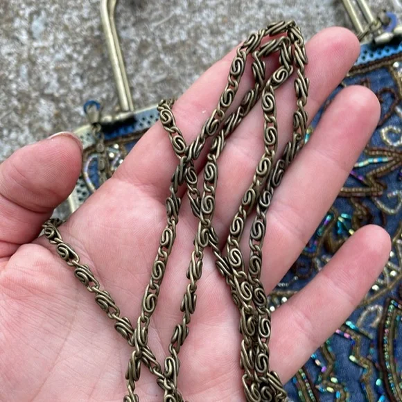 Western Turquoise Beaded Denim Victorian Style Chain Strap Handbag - Picture 8 of 8